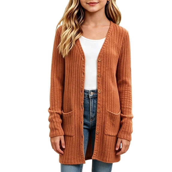 Mitankcoo Girls Ribbed Knit Cardigan V‑Neck Button Down Long Sleeve Sweater Coat with Pockets for Casual Outwear