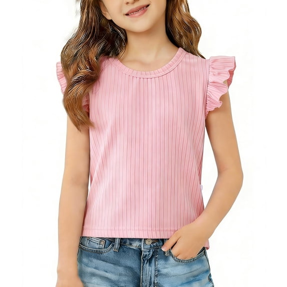 Mitankcoo Girls Ruffle Sleeve Tops Textured Crew Neck Comfort Blouse for Summer Beach Vacation & Daily 0-12Y