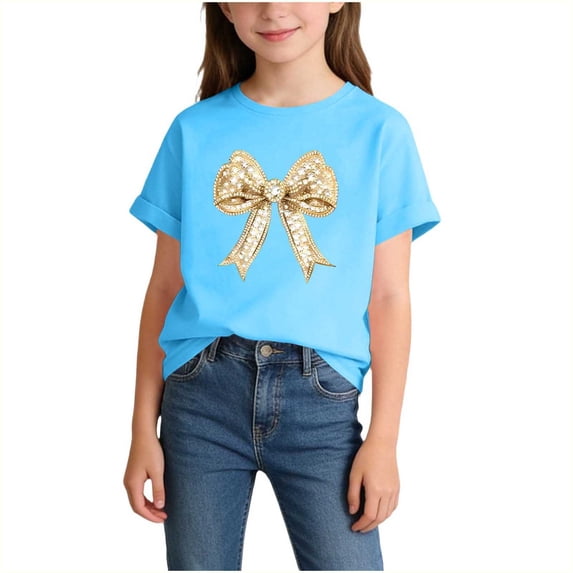 Mitankcoo Girls Short Sleeve Tops Cute Print Crew Neck Loose T-Shirts for Back to School & Casual 2-14Y