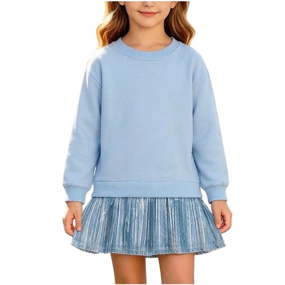 Mitankcoo Girls Sweatshirt Dress Long Sleeve Crew Neck Tunic Dresses with Pleated Skirt Hem for Fall Casual Daily 1-10Y
