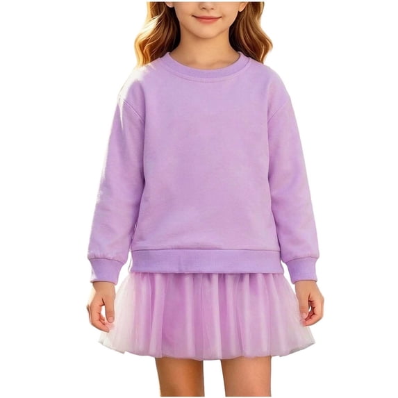 Mitankcoo Girls Sweatshirt Dress Long Sleeve Crew Neck Tunic Dresses with Pleated Skirt Hem for Fall Casual Daily 1-10Y
