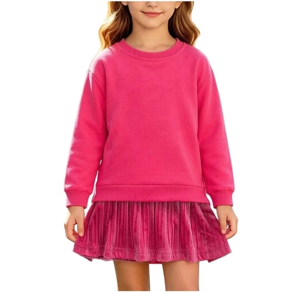 Mitankcoo Girls Sweatshirt Dress Long Sleeve Crew Neck Tunic Dresses with Pleated Skirt Hem for Fall Casual Daily 1-10Y