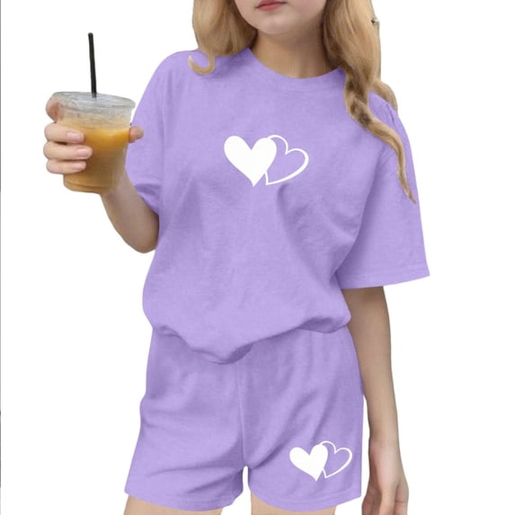 Mitankcoo Girls Two Piece Print Outfits Short Sleeve Love Printed Tops and Shorts Sets for Casual Wear