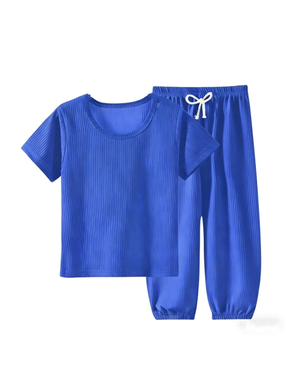 Girls Two Piece Sets Knit Strip Crew Neck Short Sleeve Tops & Loose Long Pants for Casual Wear 1-14Y
