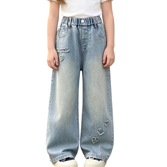 Mitankcoo Girls Wide Leg Jeans Elastic Waist Vintage Washed Denim Pants Classic with Pocket Casual Kids Trousers 4-14Y