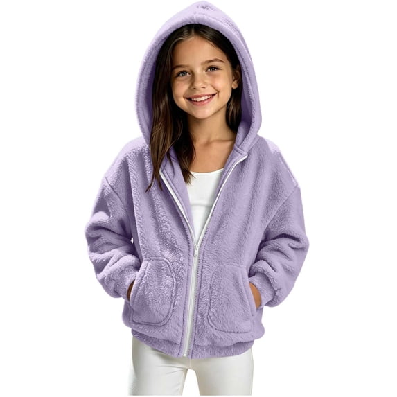 Mitankcoo Girls Zip‑Up Sherpa Hooded Jacket Soft Fuzzy Fleece Coat with Pockets Loose Warm Casual Outerwear for Fall Winter