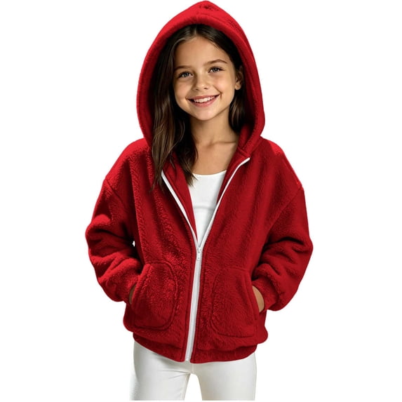 Mitankcoo Girls Zip‑Up Sherpa Hooded Jacket Soft Fuzzy Fleece Coat with Pockets Loose Warm Casual Outerwear for Fall Winter