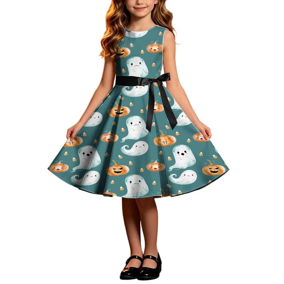 Mitankcoo Halloween Print Dresses for Girls Crew Neck Sleeveless Swing Midi Dress with Belt Casual 4-14Y