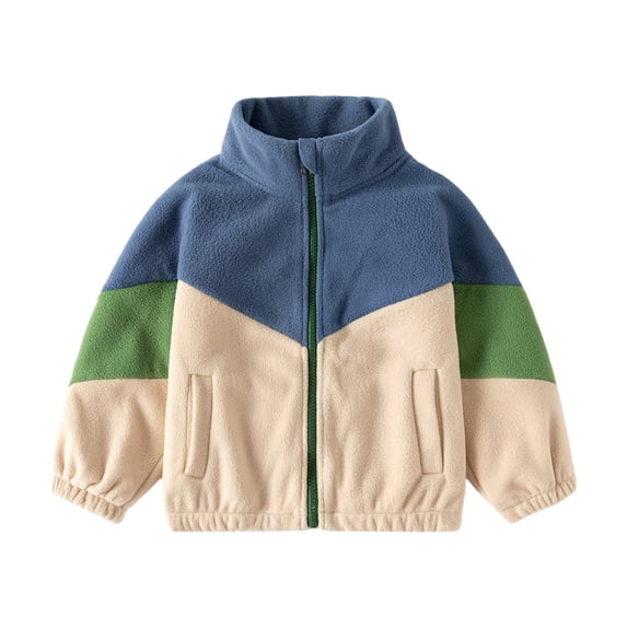 Mitankcoo Kids Color‑Block Fleece Jacket Boys Stand Collar Full‑Zip Lightweight Warm Outerwear for Fall Winter