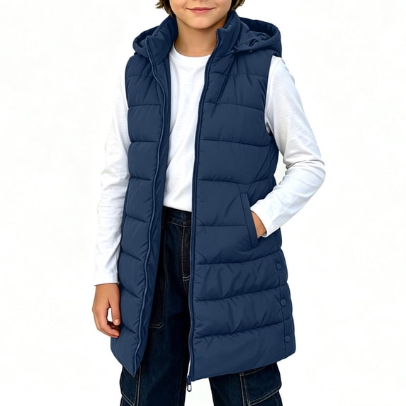 Mitankcoo Kids Long Puffer Vest Sleeveless Hood Quilted Padded Gilet Warm Windproof Outerwear with Pockets for Winter