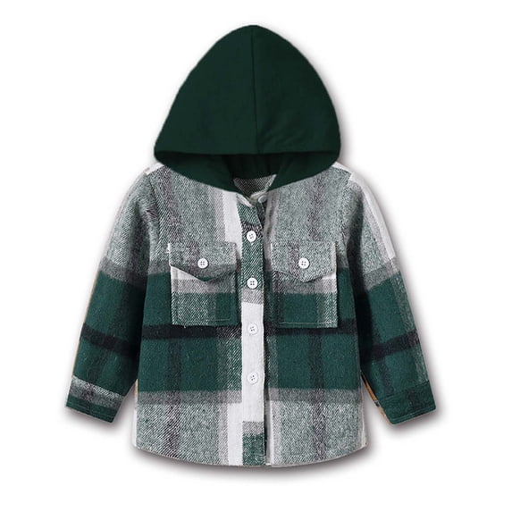 Mitankcoo Kids Plaid Hooded Shirt Jacket Button‑Down Flannel Shacket with Pockets for Winter Fall Casual Outerwear