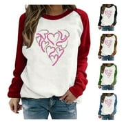 Mitankcoo Long Sleeve Sweatshirts with No Hood for Women - Valentine's Day Color Block Novelty Graphic Crewneck Tops