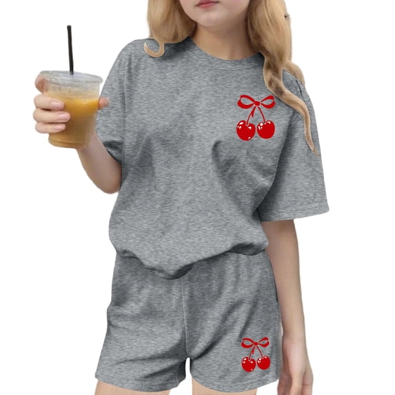Mitankcoo Print Two Piece Outfits for Girls Short Sleeve Cherry Printed Tops and Shorts Sets for Daily Wear