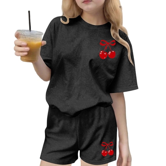 Mitankcoo Print Two Piece Outfits for Girls Short Sleeve Cherry Printed Tops and Shorts Sets for Daily Wear