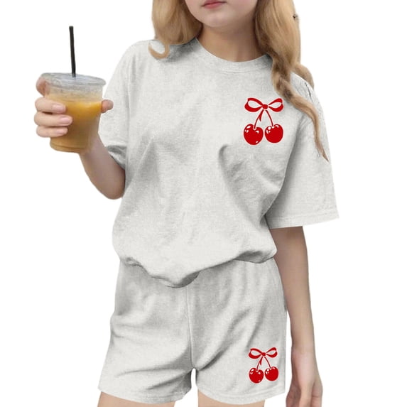 Mitankcoo Print Two Piece Outfits for Girls Short Sleeve Cherry Printed Tops and Shorts Sets for Daily Wear