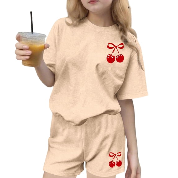 Mitankcoo Print Two Piece Outfits for Girls Short Sleeve Cherry Printed Tops and Shorts Sets for Daily Wear