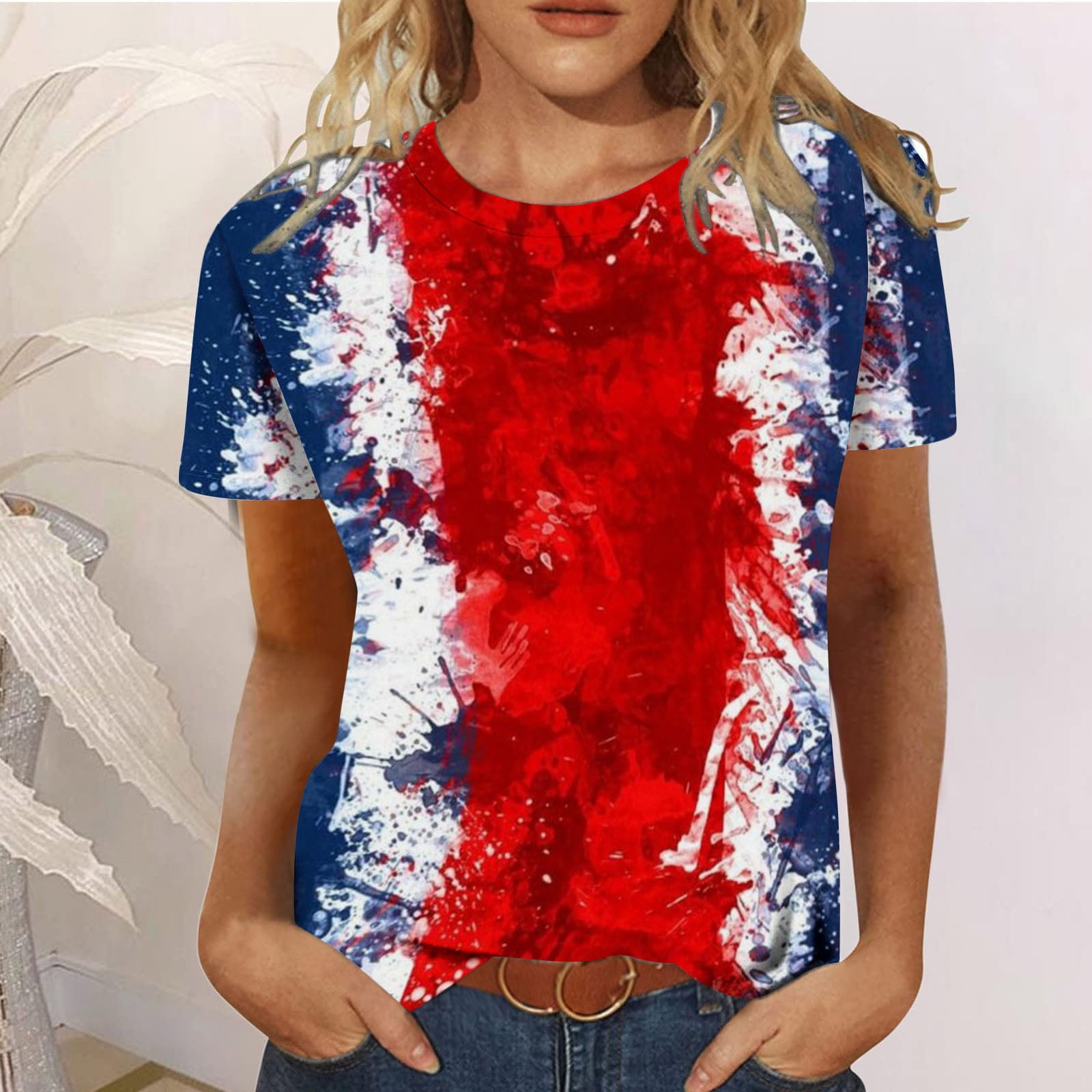 Mitankcoo Red White and Blue Shirts for Women Casual Raglan Short Sleeve Crewneck T Shirt