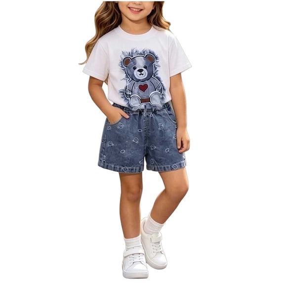 Mitankcoo Summer Outfit Sets for Toddler Girls Print Short Sleeve Tops & Jean Shorts 2 Piece Daily Casual 0-6Y