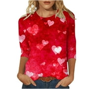 Mitankcoo Summer Tops for Women - Cute Love Heart Graphic Shirt Casual 3/4 Sleeve Round Neck Tees