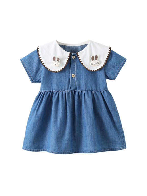 Toddler Girls Denim Patchwork Dresses Peter Pan Collar Puff Short Sleeve Dress Casual Summer 6M-4Y