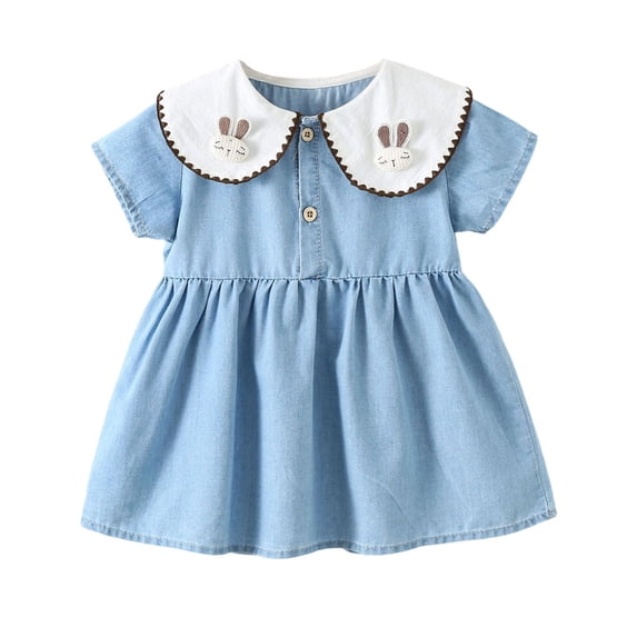 Mitankcoo Toddler Girls Denim Patchwork Dresses Peter Pan Collar Puff Short Sleeve Dress Casual Summer 6M-4Y