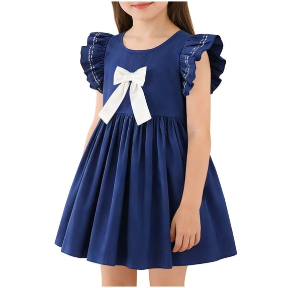 Mitankcoo Toddler Girls Flutter Sleeve Dresses Crew Neck Bow Decorative Dress for Daily Casual Wear 2-8Y