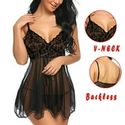 Ugoldhm Women Underwear Lace Babydoll Strap Chemise Halter Teddy V Neck Mesh Nightgown Black M