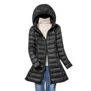 Mitankcoo Women Long Puffer Coat - Quilted Long Sleeve Knee Length Outerwear Winter Hooded Zip Jacket with Pocket Black L