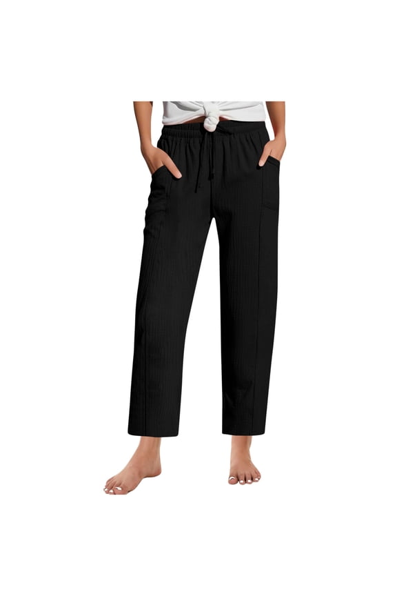 Women's Drawstring Pants - Elastic Waist Wide Leg with Pockets for Relaxed Casual Long Trousers