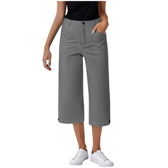 Mitankcoo Women's Elastic Waist Capris - Button Pocket Relaxed - Fashion Casual Cropped Pants