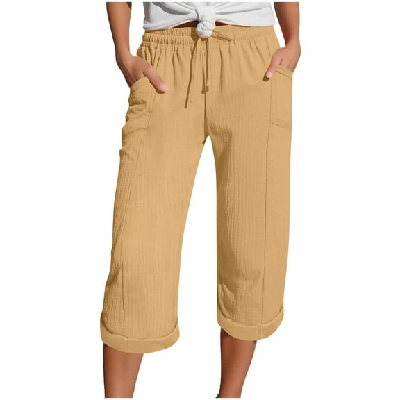 Mitankcoo Women's Elastic Waist Capris Pant - Drawstring Relaxed Fit - Casual Pockets Cropped Trousers