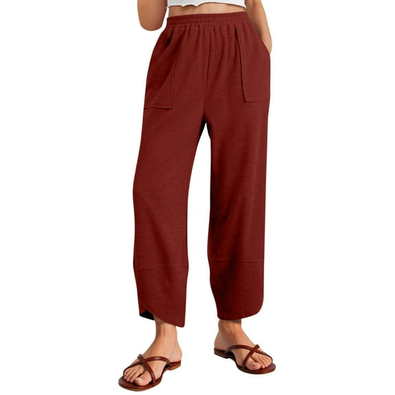 Mitankcoo Women's Elastic Waist Pants with Pockets - Solid Color Relaxed Fit - Casual Comfort Long Trousers