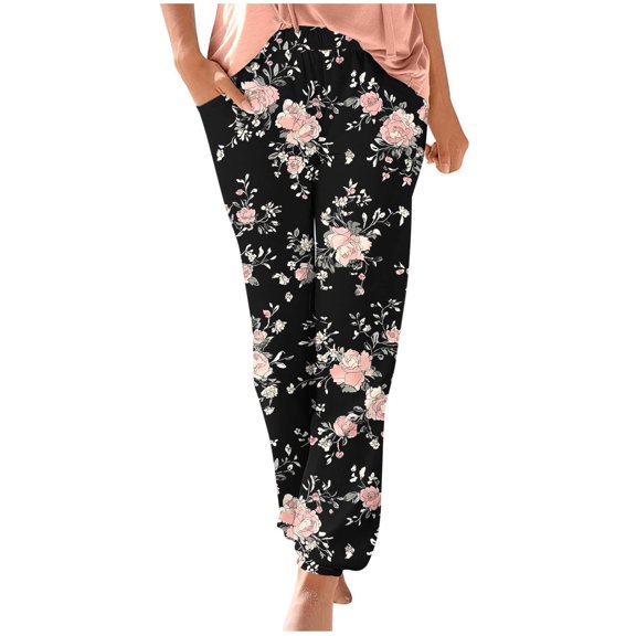 Mitankcoo Women's Elastic Waist Print Pants - Relaxed Fit with Pockets - Casual Comfort Long Trousers