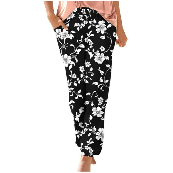 Mitankcoo Women's Elastic Waist Print Pants - Relaxed Fit with Pockets - Casual Comfort Long Trousers