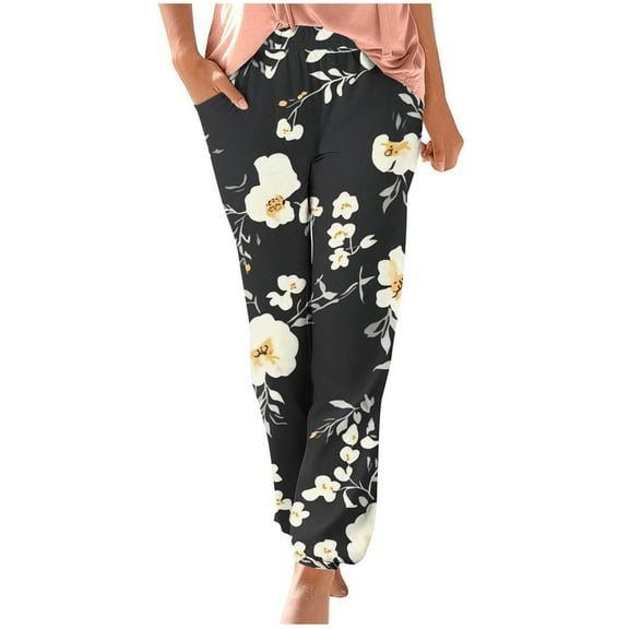 Mitankcoo Women's Elastic Waist Print Pants - Relaxed Fit with Pockets - Casual Comfort Long Trousers