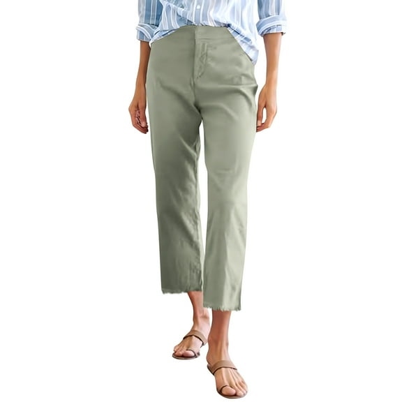 Mitankcoo Women's High Waist Straight-Leg Capris - Button Closure Casual Pants - Cropped Trousers for Daily