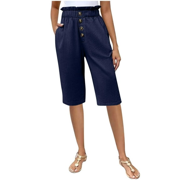 Mitankcoo Women's Linen-Like High-Waisted Shorts with Buttons Elastic Waistband Pockets Casual Pants Size S-XXL