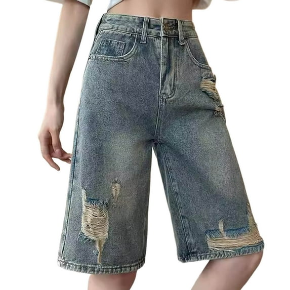 Mitankcoo Womens Jean Shorts Pockets Cut-off Summer High Waist Solid Color Casual Everyday Wide Leg Denim Shorts S-4XL