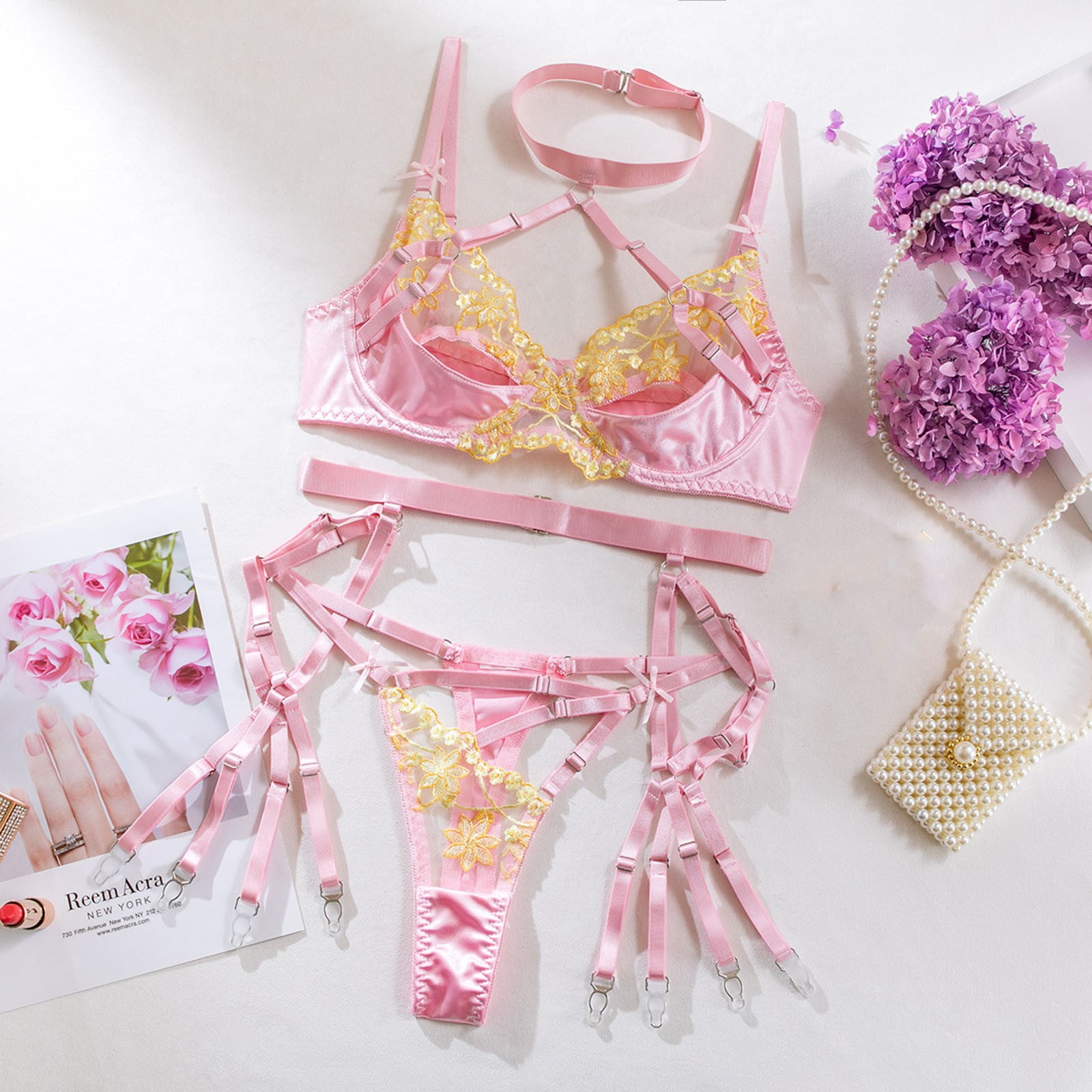 Mitankcoo Womens Lace Garter Lingerie Set - Teddy Babydoll Strappy Bra and Panty Set with