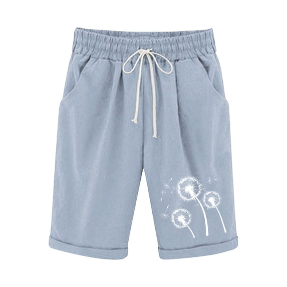 Mitankcoo Womens Shorts - Cotton Linen Bermuda Shorts Print Drawstring Elastic Shorts