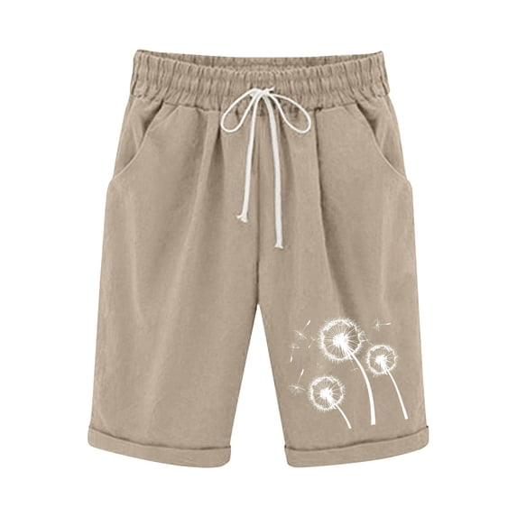 Mitankcoo Womens Sweat Shorts - Cotton Linen Bermuda Shorts Print Drawstring Elastic Shorts