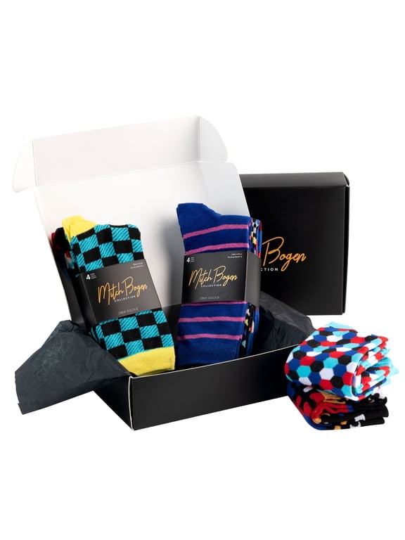 Mens Dress Socks Colorful Funky Crew Socks Cotton Fun Patterned Fashion 8 Pack Gift Box