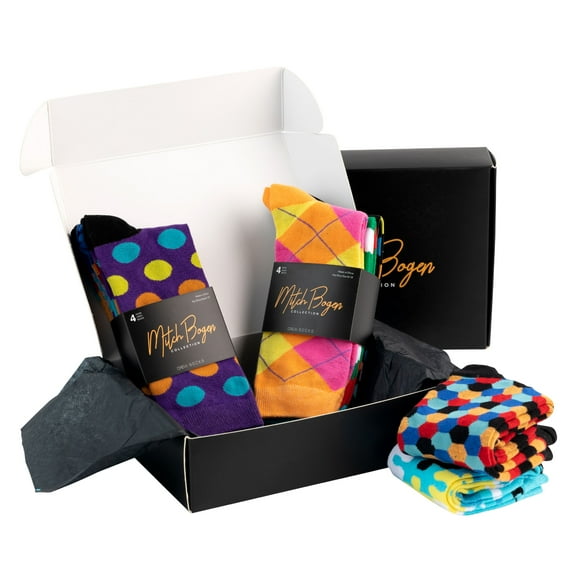 Mitch Bogen Mens Dress Socks Colorful Funky Crew Socks Cotton Fun Patterned Fashion 8 Pack Gift Box