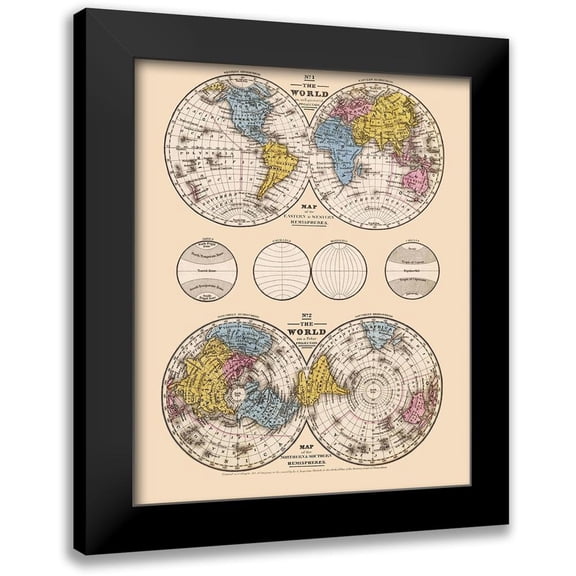 Mitchell 12x14 Black Modern Framed Museum Art Print Titled - Hemispheres Equatorial Polar Projections - Mit