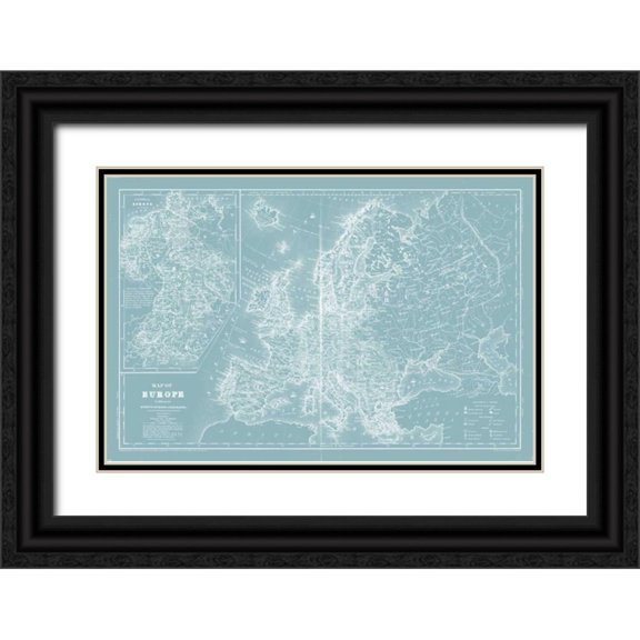 Mitchell 14x11 Black Ornate Wood Framed with Double Matting Museum Art Print Titled - Map of Europe on Aqua