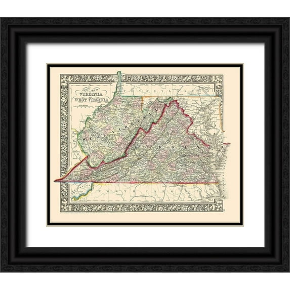Mitchell 17x15 Black Ornate Wood Framed with Double Matting Museum Art Print Titled - Virginia, West Virginia Counties - Mitchell 1863