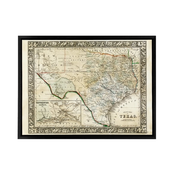 Mitchell 1860 Map Texas County USA State Black Framed Canvas Art Print 24X32"
