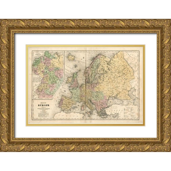 Mitchell  18x13 Gold Ornate Wood Framed with Double Matting Museum Art Print Titled - Non-Embellished Map of Europe