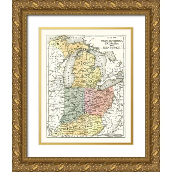 Mitchell 26x32 Gold Ornate Wood Framed with Double Matting Museum Art Print Titled - Ohio, Michigan, Indiana, Kentucky - Mitchell 1869