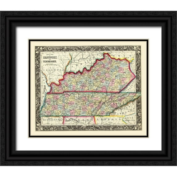 Mitchell 31x26 Black Ornate Wood Framed with Double Matting Museum Art Print Titled - Kentucky, Tennessee Counties - Mitchell 1860